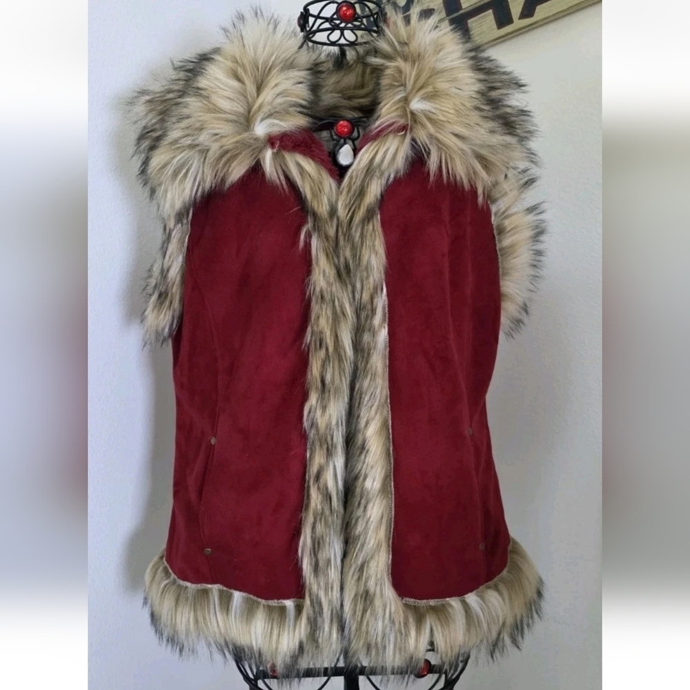 Tasha Polizzi The Scarlet Red Faux Fur Vest Sz Large Rustic Chic Boho Glam Vegan - Picture 2 of 6